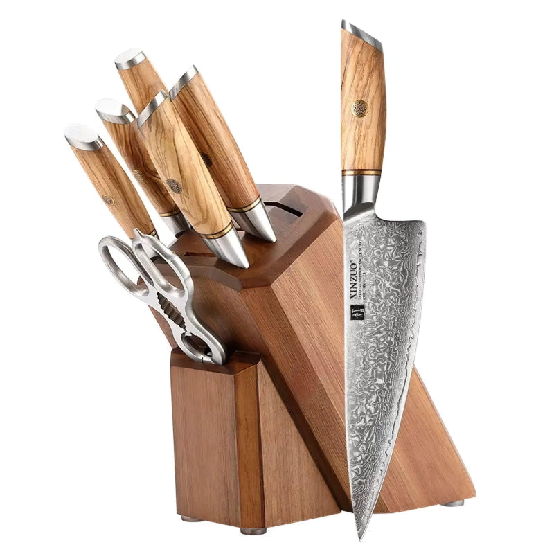 Xinzuo Professional Damascus Kitchen Knife Set 8 Pieces With Block Lan Series