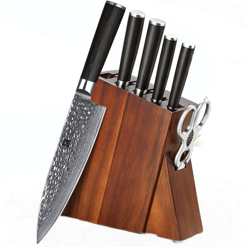 Xinzuo Professional Damascus Chef Knife Set 7 Pieces With Block Stria He Series