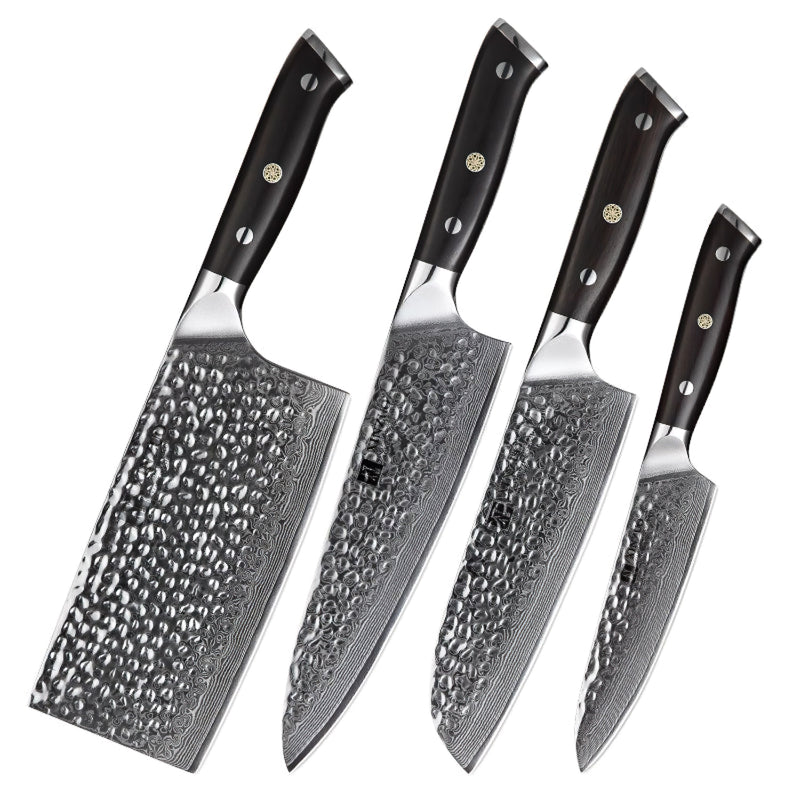 Xinzuo Professional Damascus Kitchen Knife Set 4 Pieces Ebony Yu Series