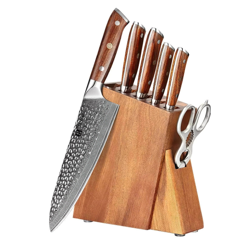 Xinzuo Professional Damascus Kitchen Knife Set 7 Pieces With Block Stria Yu Series