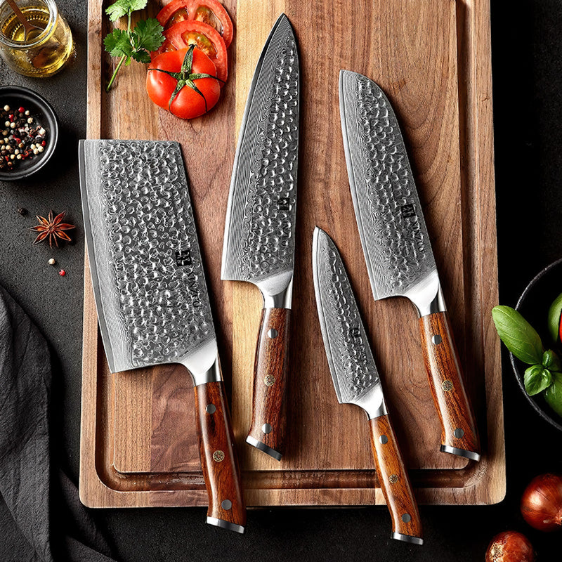 Xinzuo Professional Damascus Kitchen Knife Set 4 Pieces Stria Yu Series