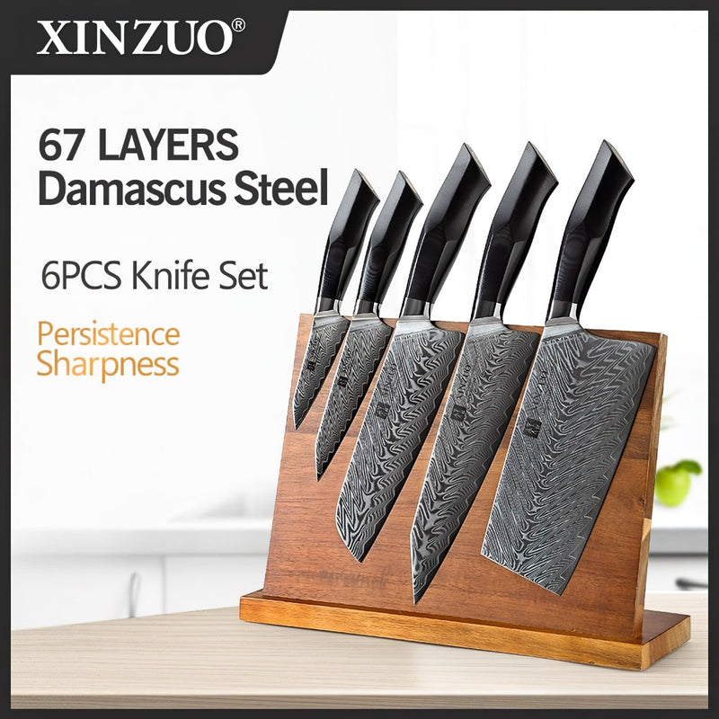 Xinzuo Professional Damascus Kitchen Knife Set 6 Pieces Feng Series With Block