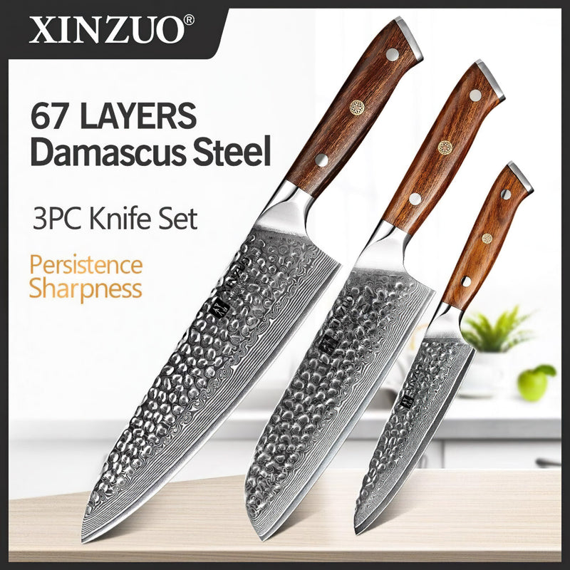 Xinzuo Professional Damascus Kitchen Knife Set 3 Pieces Stria Yu Series