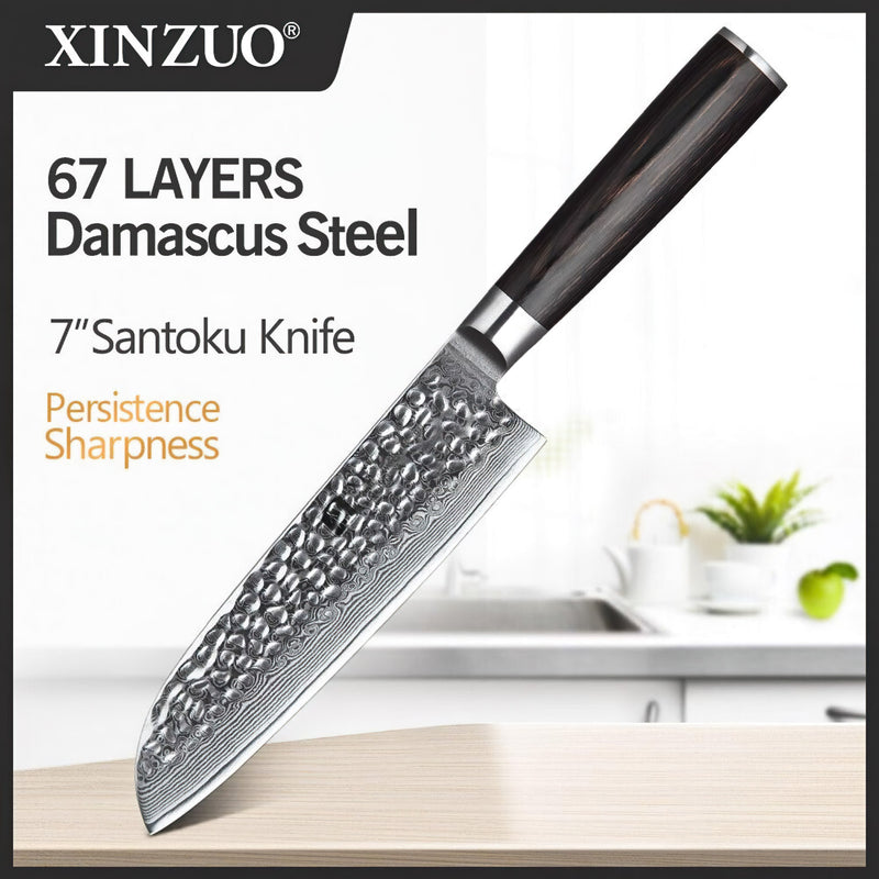 Xinzuo Professional Santoku Knife Damascus Steel Stria He Series