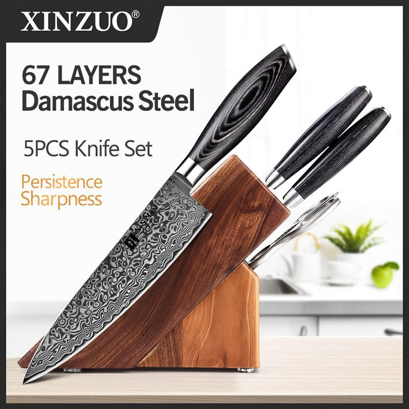 Xinzuo Professional Damascus Kitchen Knife Set 5 Pieces With Block Ya Series