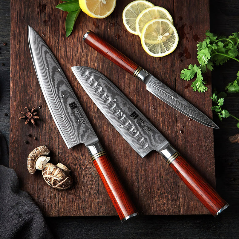 Xinzuo Professional Damascus Kitchen Knife Set 3 Pieces He Series