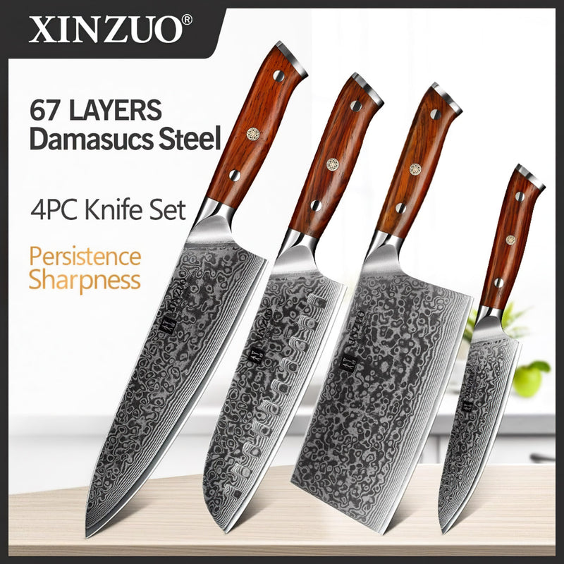 Professional Damascus Chef Kitchen Knife Set 4 Pieces Yu Series