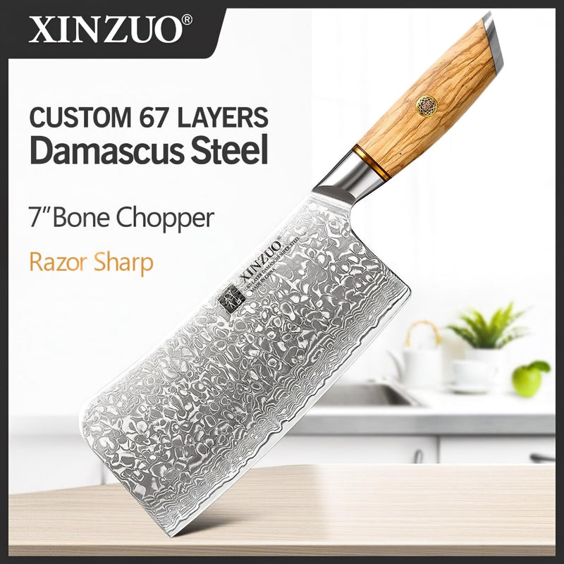 Xinzuo Professional Bone Chopper Knife Damascus Steel Lan Series