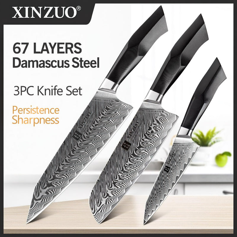 Xinzuo Professional Damascus Kitchen Knife Set 3 Pieces Feng Series