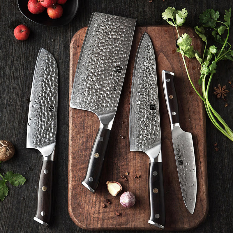 Xinzuo Professional Damascus Kitchen Knife Set 4 Pieces Ebony Yu Series