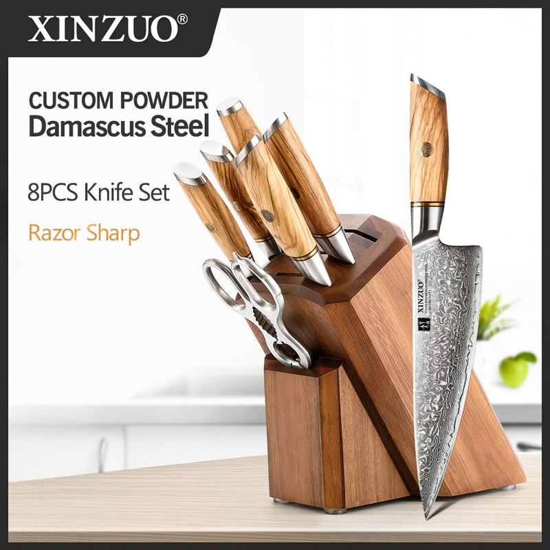 Xinzuo Professional Damascus Kitchen Knife Set 8 Pieces With Block Lan Series