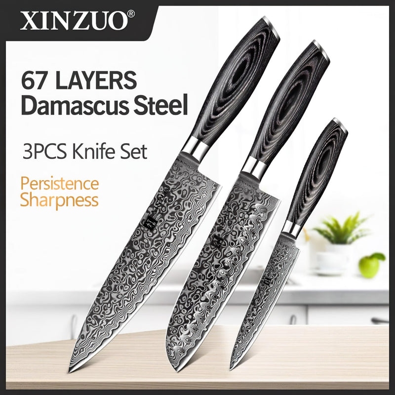 Xinzuo Professional Damascus Kitchen Knife Set 3 Pieces Ya Series