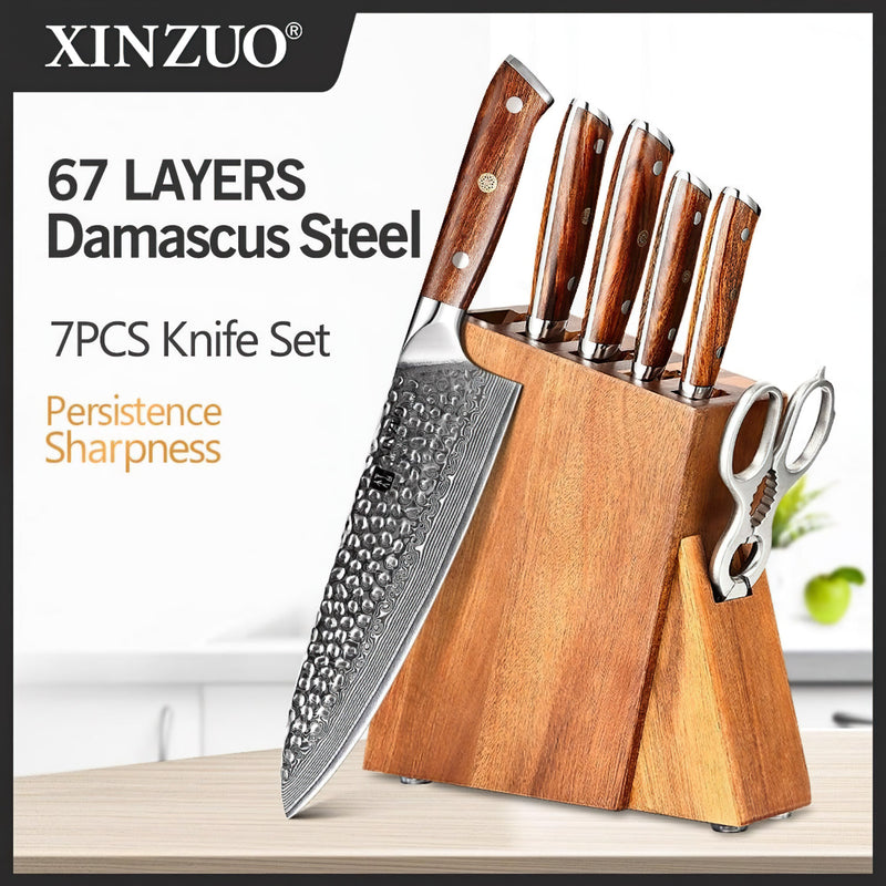 Xinzuo Professional Damascus Kitchen Knife Set 7 Pieces With Block Stria Yu Series