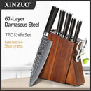 Xinzuo Professional Damascus Chef Knife Set 7 Pieces With Block Stria He Series