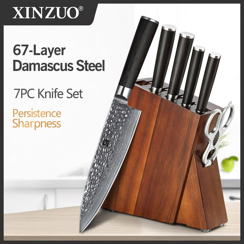 Xinzuo Professional Damascus Chef Knife Set 7 Pieces With Block Stria He Series