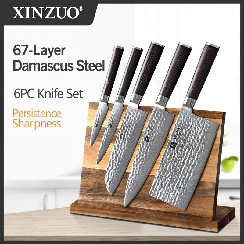 Xinzuo Professional Damascus Kitchen Knife Set 6 Pieces With Block Stria He Series