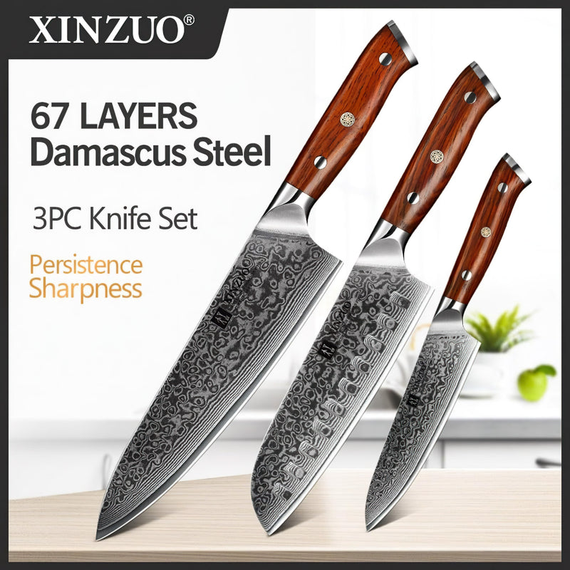 Professional Damascus Kitchen Knife Set 3 Pieces Yu Series