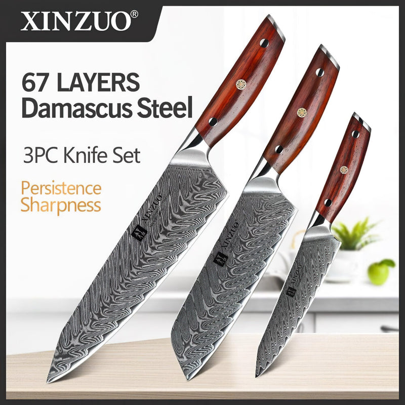 Xinzuo Professional Damascus Kitchen Knife Set 3 Pieces Yi Series