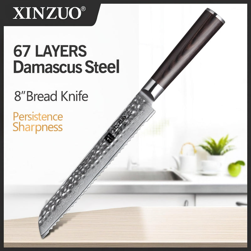 Xinzuo Professional Bread Knife Damascus Steel Stria He Series