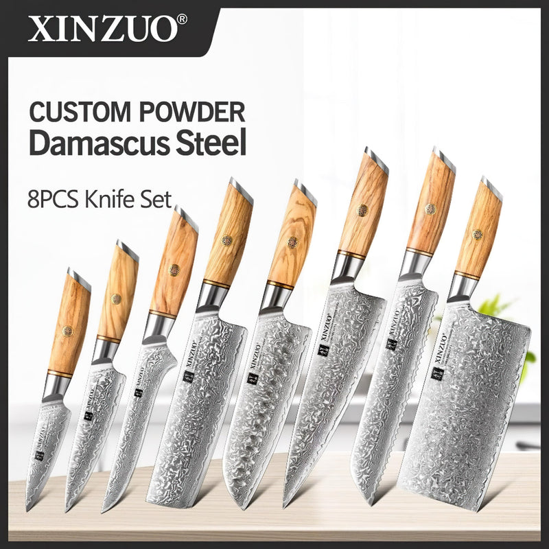 Xinzuo Professional Damascus Kitchen Knife Set 8 Pieces Lan Series