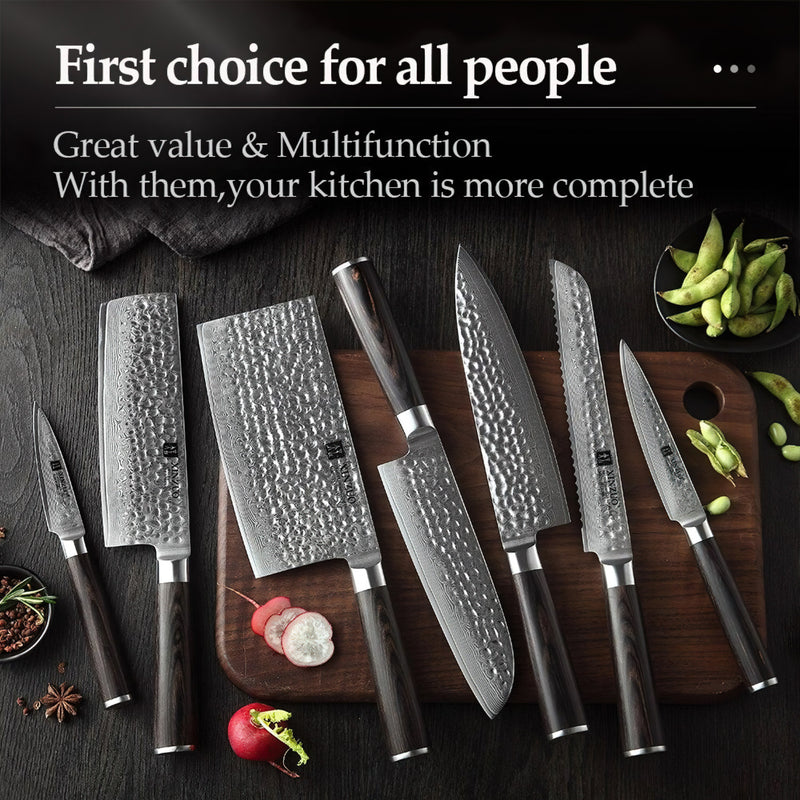 Xinzuo Professional Damascus Kitchen Knife Set 7 Pieces Stria He Series