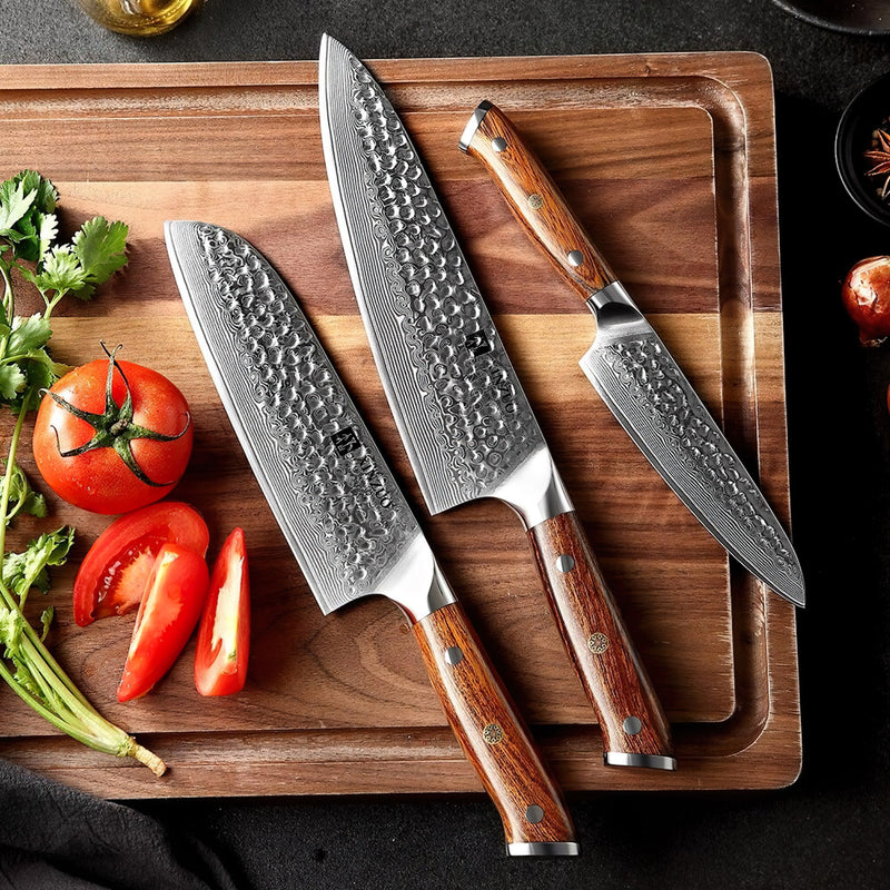 Xinzuo Professional Damascus Kitchen Knife Set 3 Pieces Stria Yu Series