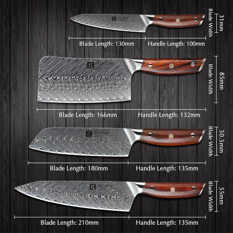 Xinzuo Professional Damascus Kitchen Knife Set 5 Pieces With Block Yi Series