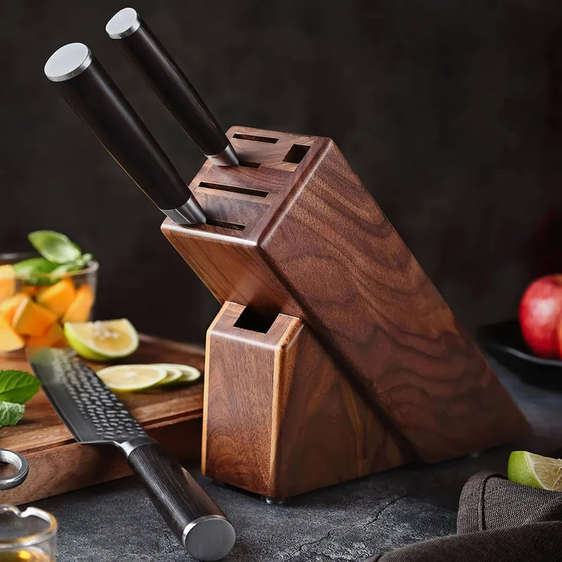 Natural Walnut Wood Knife Block Holder With 6 Slots