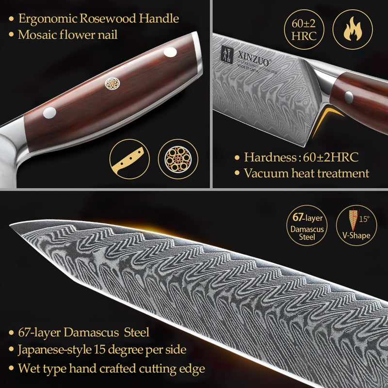 Xinzuo Professional Damascus Kitchen Knife Set 5 Pieces With Block Yi Series