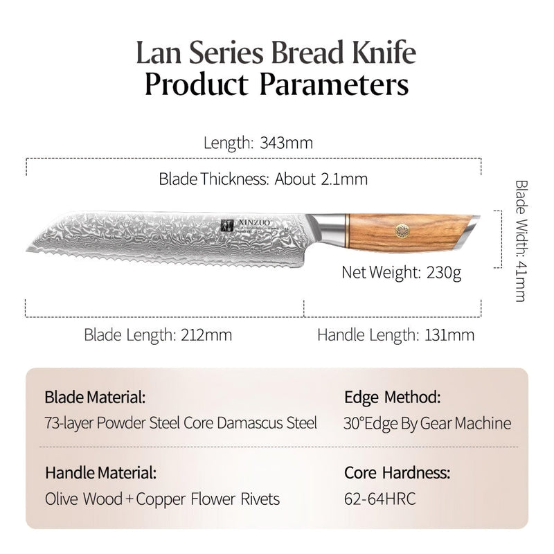 Xinzuo Professional Bread Knife Damascus Steel Lan Series