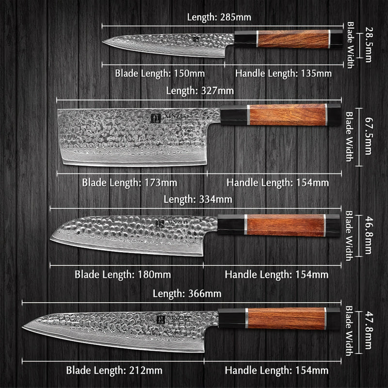 Xinzuo Professional Damascus Kitchen Knife Set 4 Pieces Stria Zhen Series