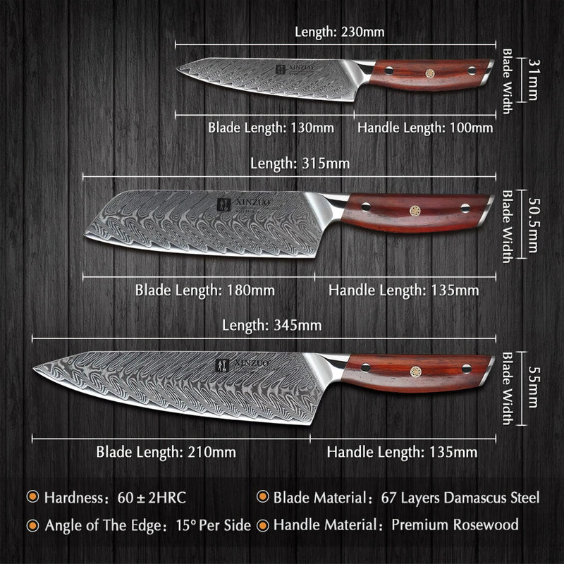 Xinzuo Professional Damascus Kitchen Knife Set 3 Pieces Yi Series