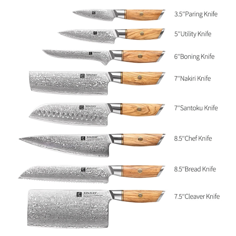 Xinzuo Professional Damascus Kitchen Knife Set 8 Pieces Lan Series