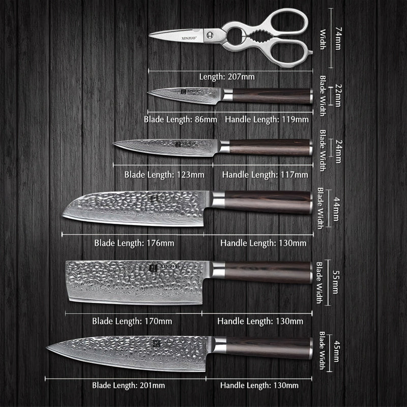 Xinzuo Professional Damascus Chef Knife Set 7 Pieces With Block Stria He Series