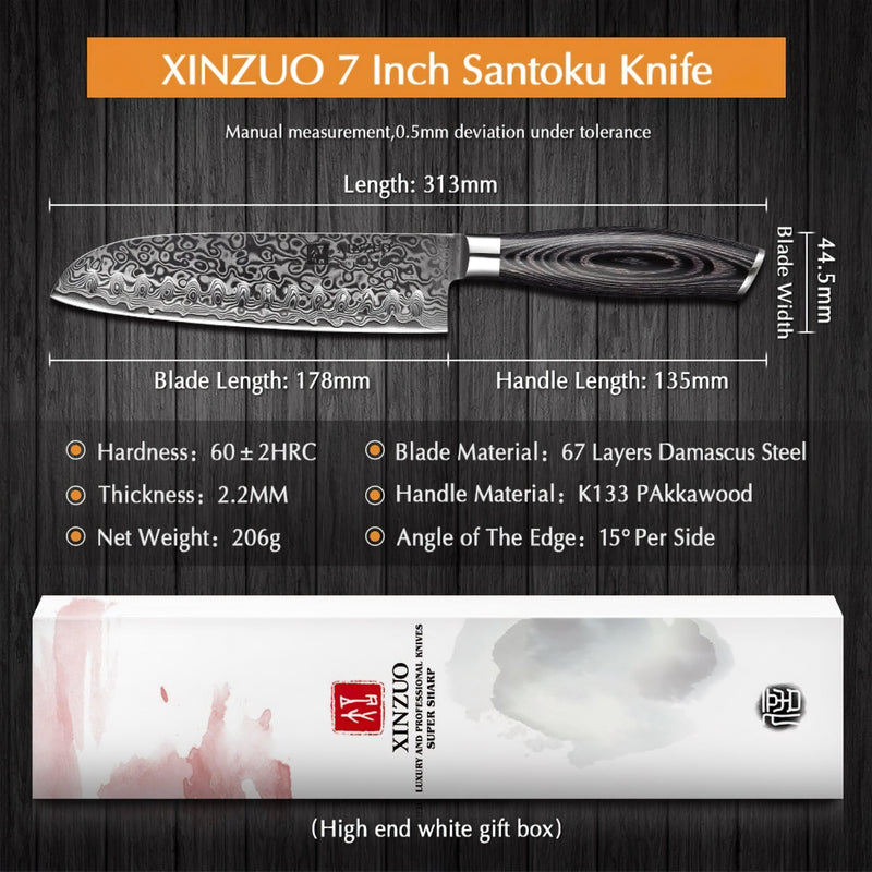 Xinzuo Professional Santoku Knife Damascus Steel Ya Series