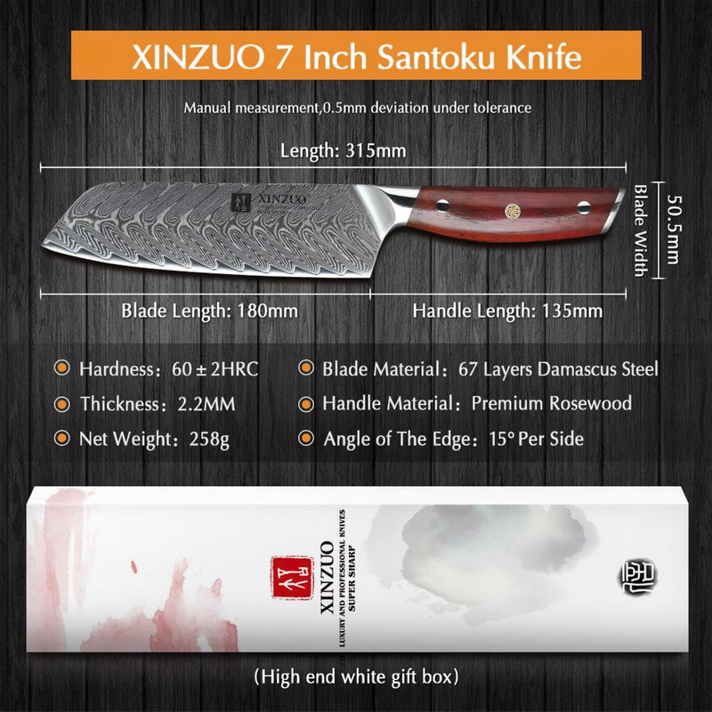 Xinzuo Professional Santoku Knife Damascus Steel Yi Series