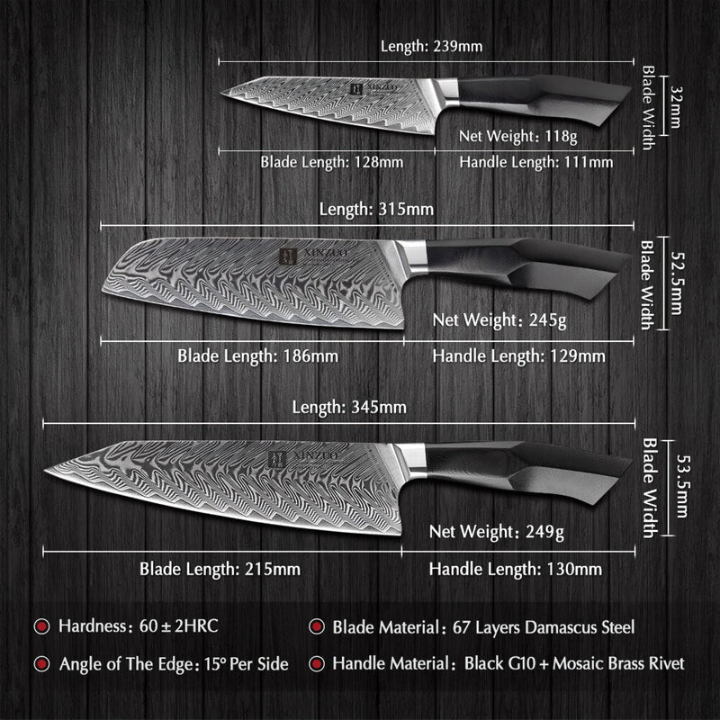 Xinzuo Professional Damascus Kitchen Knife Set 3 Pieces Feng Series