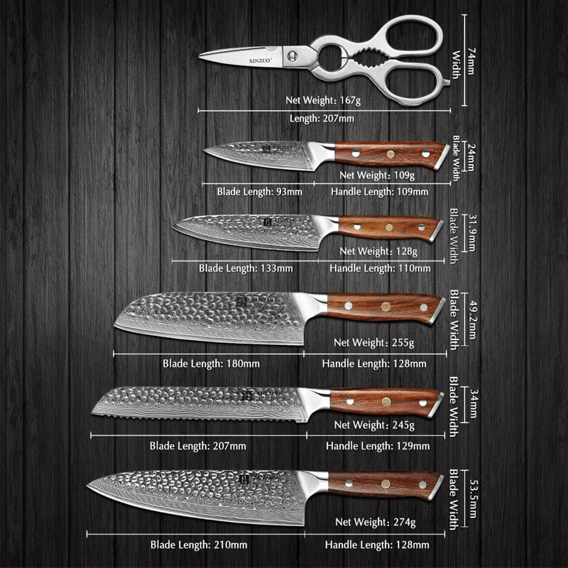 Xinzuo Professional Damascus Kitchen Knife Set 7 Pieces With Block Stria Yu Series