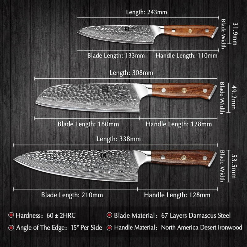 Xinzuo Professional Damascus Kitchen Knife Set 3 Pieces Stria Yu Series