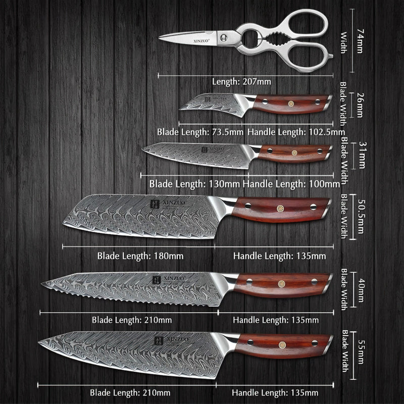 Xinzuo Professional Damascus Kitchen Knife Set 7 Pieces Yi Series