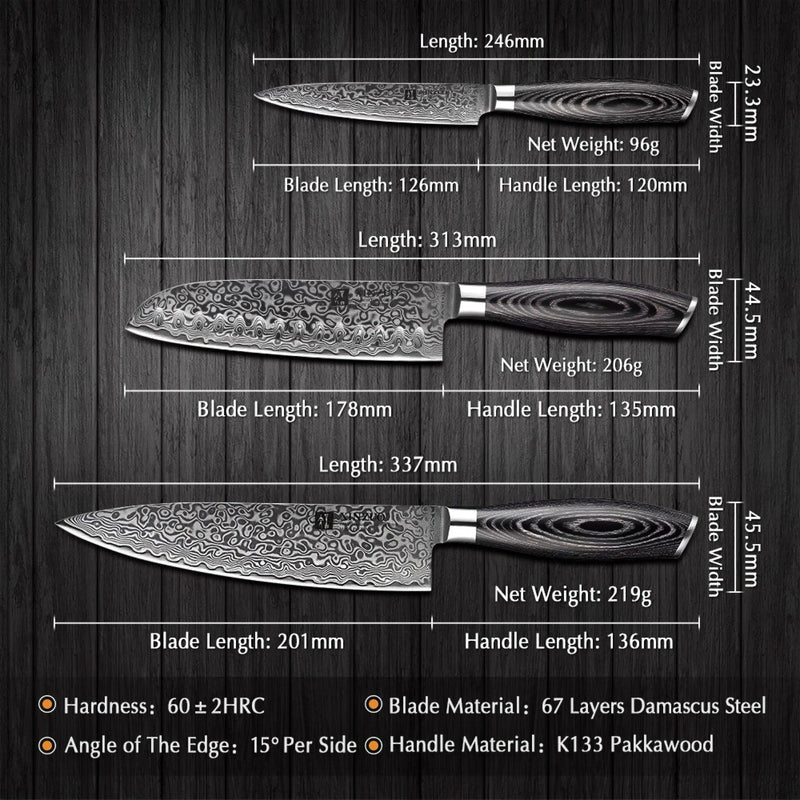 Xinzuo Professional Damascus Kitchen Knife Set 3 Pieces Ya Series