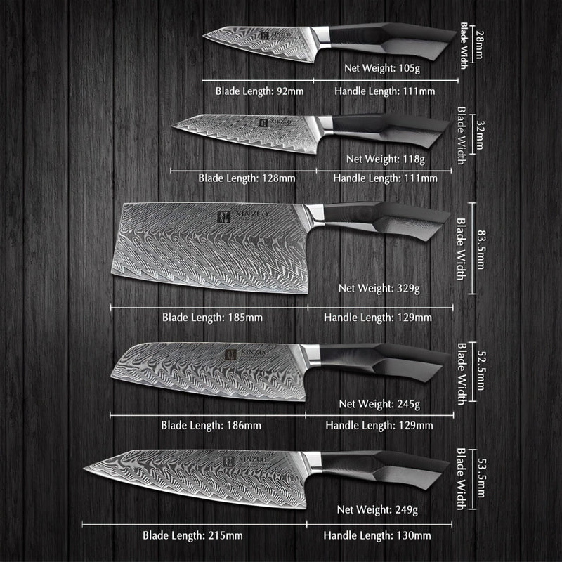 Xinzuo Professional Damascus Kitchen Knife Set 6 Pieces Feng Series With Block