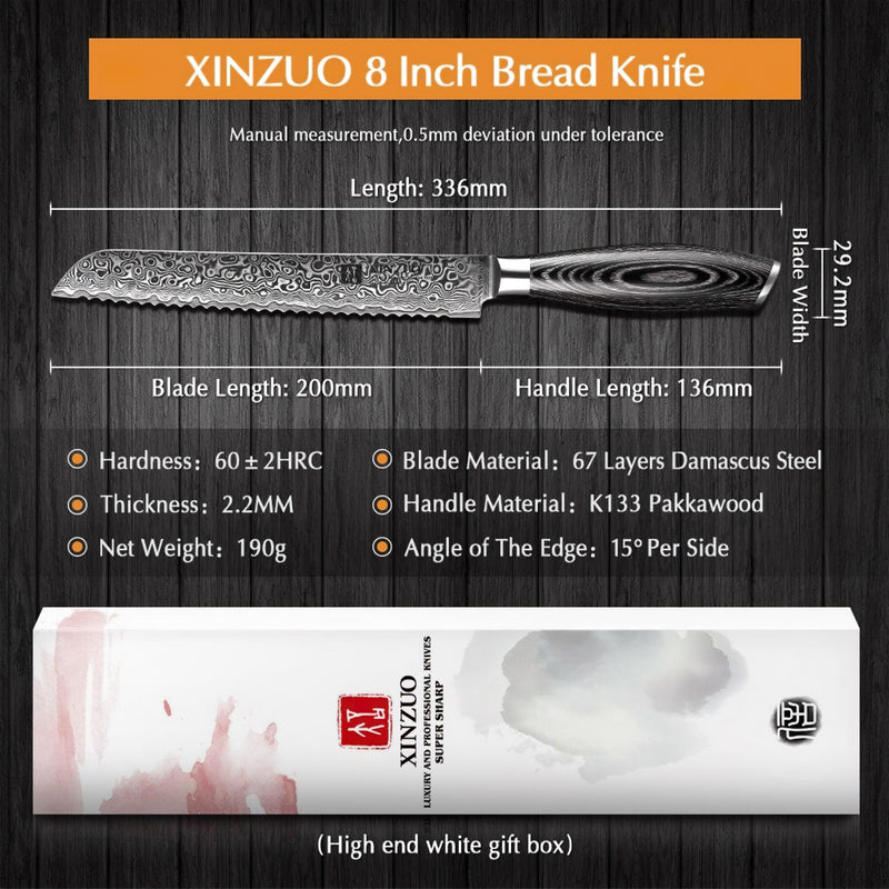 Xinzuo Professional Bread Knife Damascus Steel Ya Series