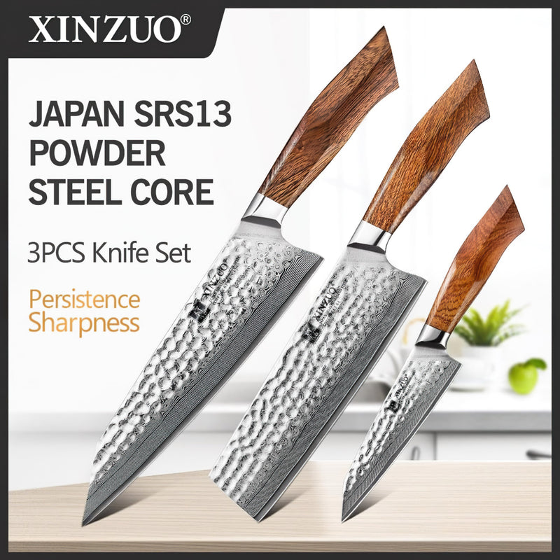 Xinzuo Professional Damascus Kitchen Knife Set 3 Pieces Stria Feng Series