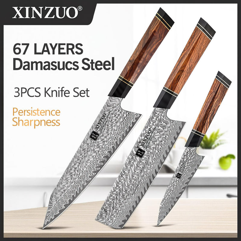 Xinzuo Professional Damascus Knife Set 3 Pieces Zhen Series 