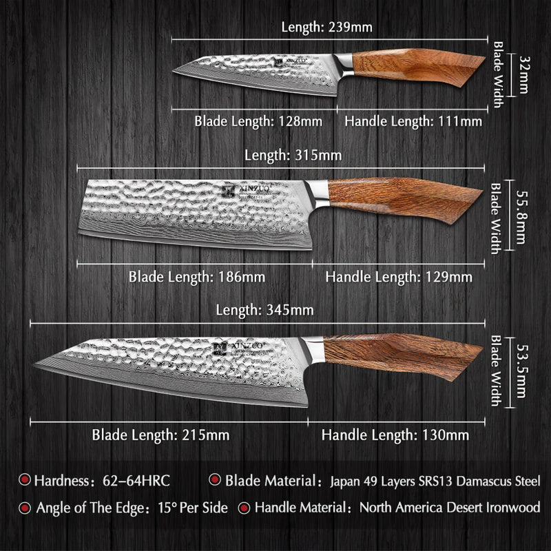 Xinzuo Professional Damascus Kitchen Knife Set 3 Pieces Stria Feng Series