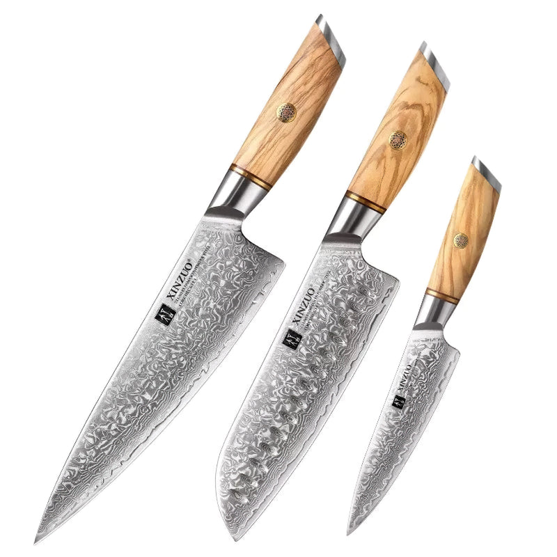 Xinzuo Professional Damascus Kitchen Knife Set 3 Pieces Lan Series