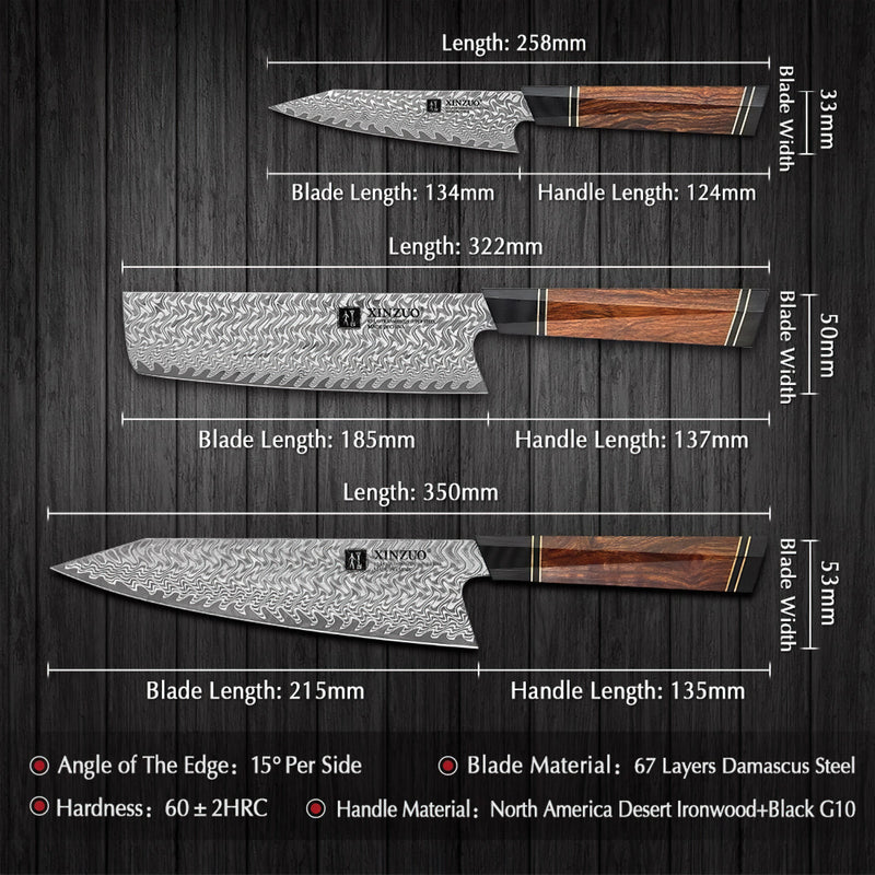 Xinzuo Professional Damascus Knife Set 3 Pieces Zhen Series 