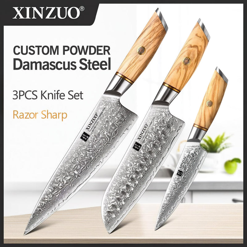 Xinzuo Professional Damascus Kitchen Knife Set 3 Pieces Lan Series