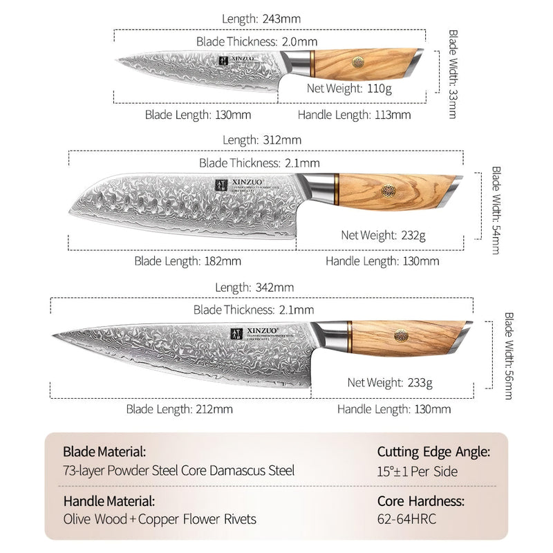 Xinzuo Professional Damascus Kitchen Knife Set 3 Pieces Lan Series